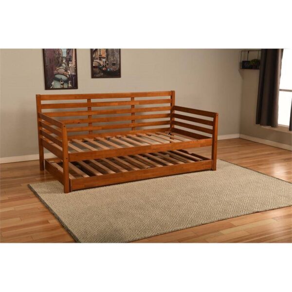 Solid Wood Day Bed Frame with Pull-out Pop Up Trundle Bed in Medium Brown - Image 4