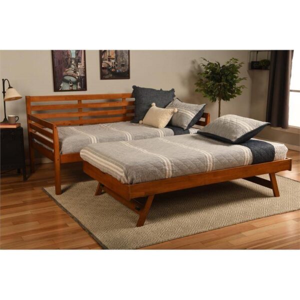 Solid Wood Day Bed Frame with Pull-out Pop Up Trundle Bed in Medium Brown - Image 5