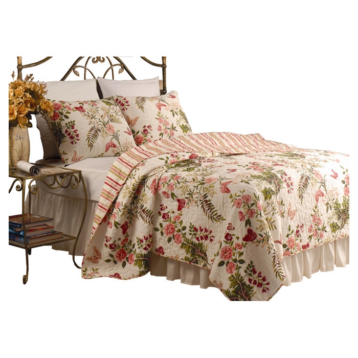 King size 3-Piece Cotton Quilt Set in Pink Beige Floral Butterflies - Image 2