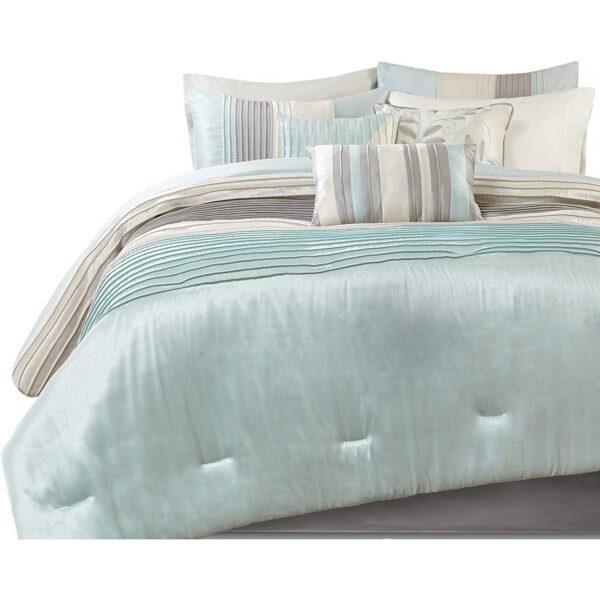 King Size 7 Piece Bed In A Bag Comforter Set Faux Silk Blue Stripes - Image 2