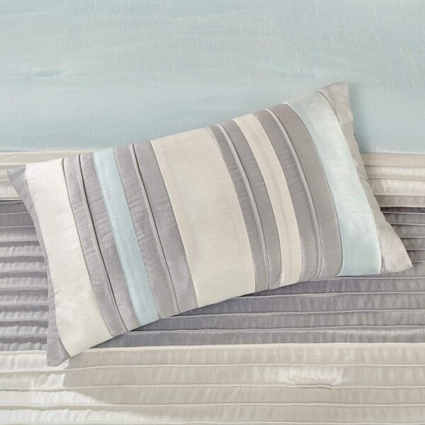 King Size 7 Piece Bed In A Bag Comforter Set Faux Silk Blue Stripes - Image 4