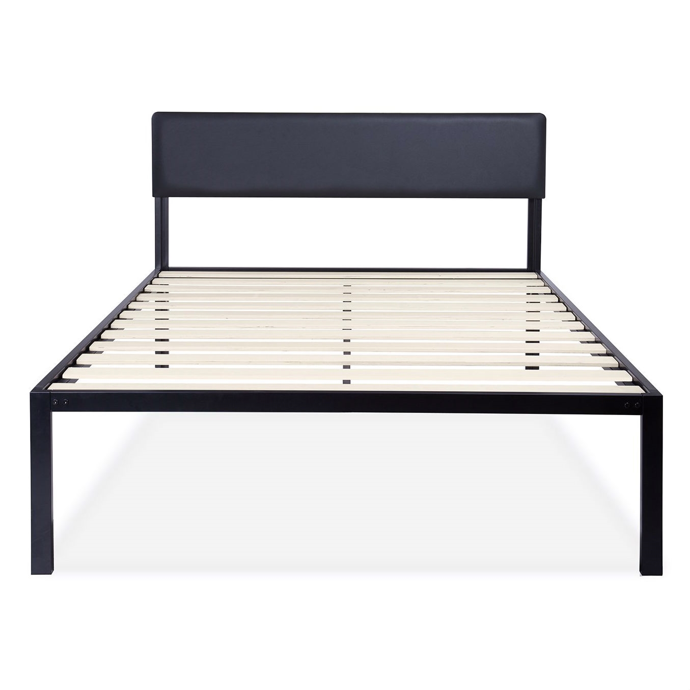 King size Metal Wood Slat Platform Bed Frame with Black Padded Headboard - Image 2