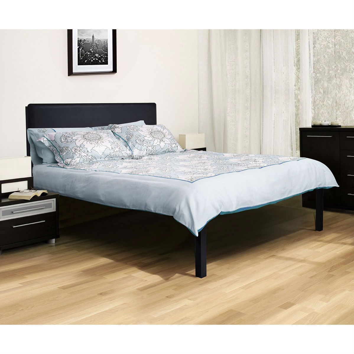 King size Metal Wood Slat Platform Bed Frame with Black Padded Headboard - Image 3