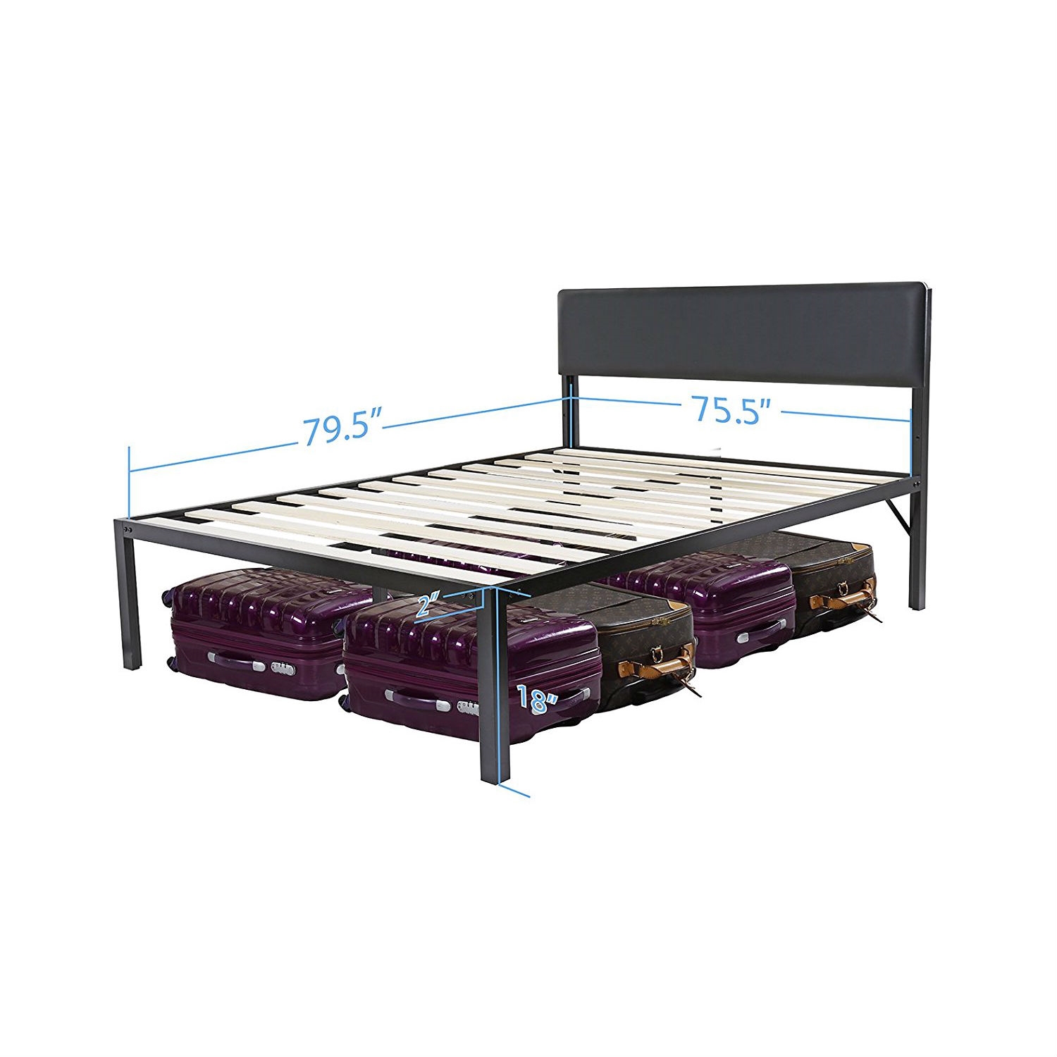 King size Metal Wood Slat Platform Bed Frame with Black Padded Headboard - Image 4