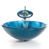 Round Blue Tempered Glass Vessel Bathroom Sink - Image 2