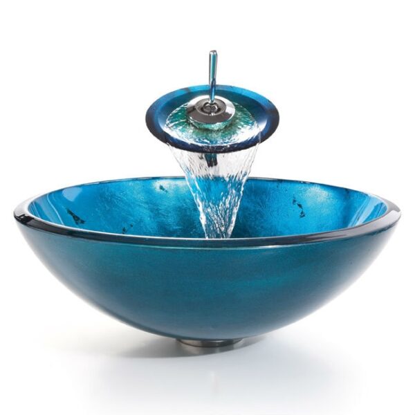 Round Blue Tempered Glass Vessel Bathroom Sink - Image 2