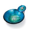 Round Blue Tempered Glass Vessel Bathroom Sink - Image 3