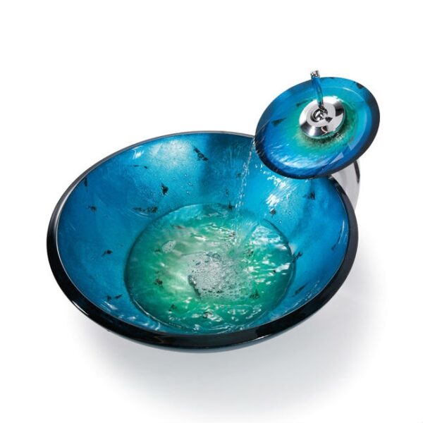 Round Blue Tempered Glass Vessel Bathroom Sink - Image 3
