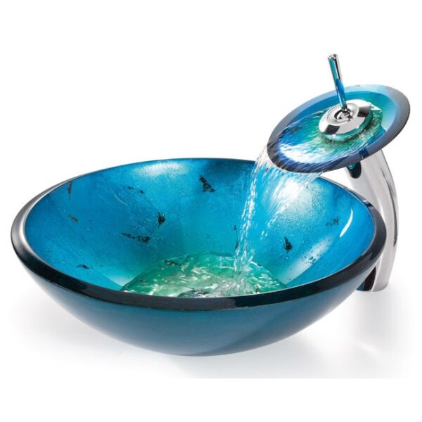 Round Blue Tempered Glass Vessel Bathroom Sink - Image 4