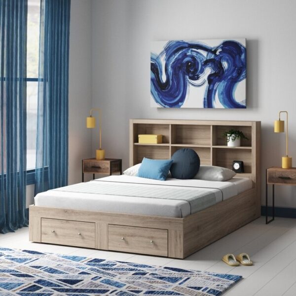 King Size Rustic Oak FarmHouse Low Profile 2 Drawer Storage Platform Bed - Image 4