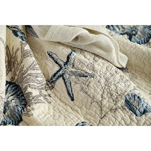 King size 3-Piece Bedspread Quilt Set in 100-Percent Cotton with Seashells Ocean Beach Nautical Pattern - Image 4