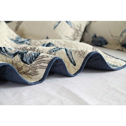 King size 3-Piece Bedspread Quilt Set in 100-Percent Cotton with Seashells Ocean Beach Nautical Pattern - Image 5