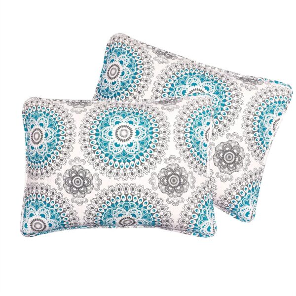King size 3-Piece Cotton Quit Set in Aqua Blue White and Grey Floral Pattern - Image 2