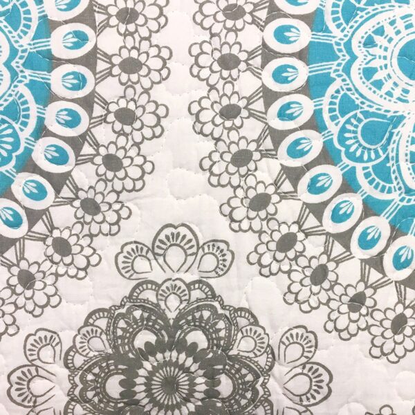 King size 3-Piece Cotton Quit Set in Aqua Blue White and Grey Floral Pattern - Image 3
