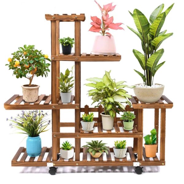 Indoor Outdoor Solid Wood 6-Tier Plant Stand Planter Cart on Wheels - Image 2