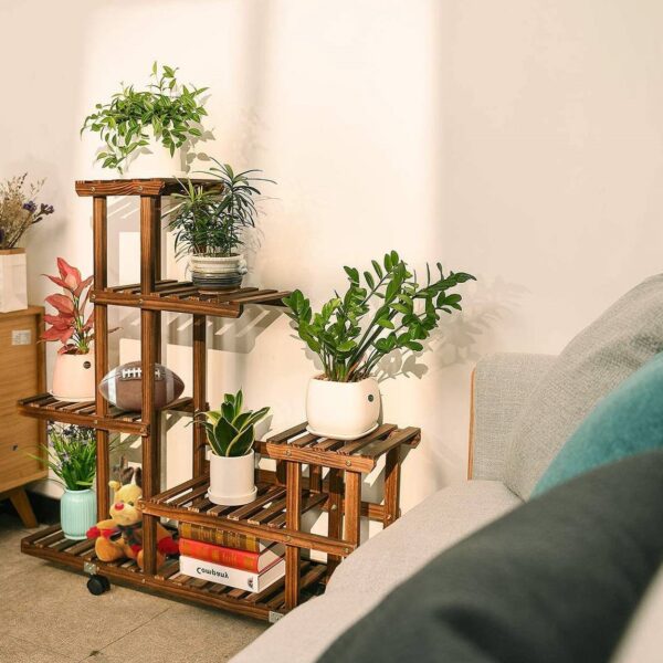 Indoor Outdoor Solid Wood 6-Tier Plant Stand Planter Cart on Wheels - Image 3