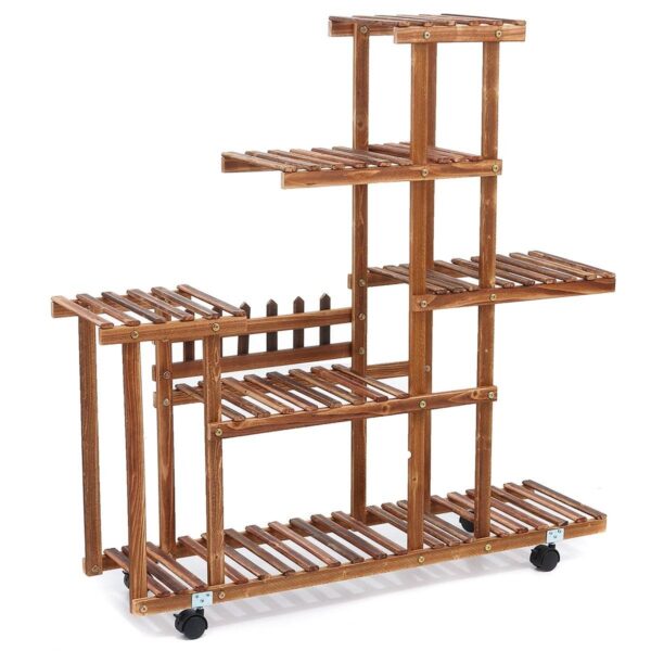 Indoor Outdoor Solid Wood 6-Tier Plant Stand Planter Cart on Wheels - Image 4