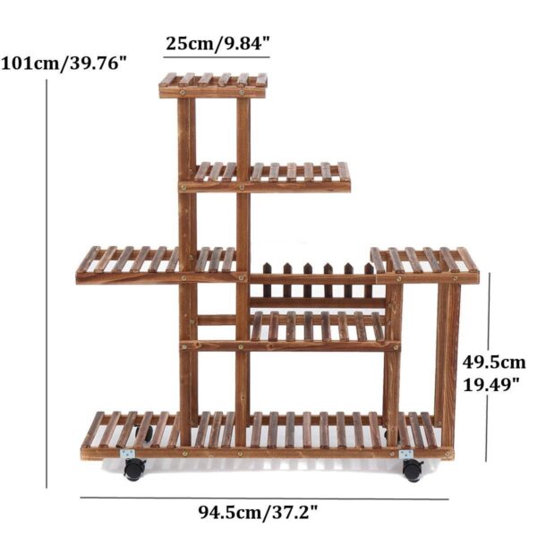 Indoor Outdoor Solid Wood 6-Tier Plant Stand Planter Cart on Wheels - Image 5