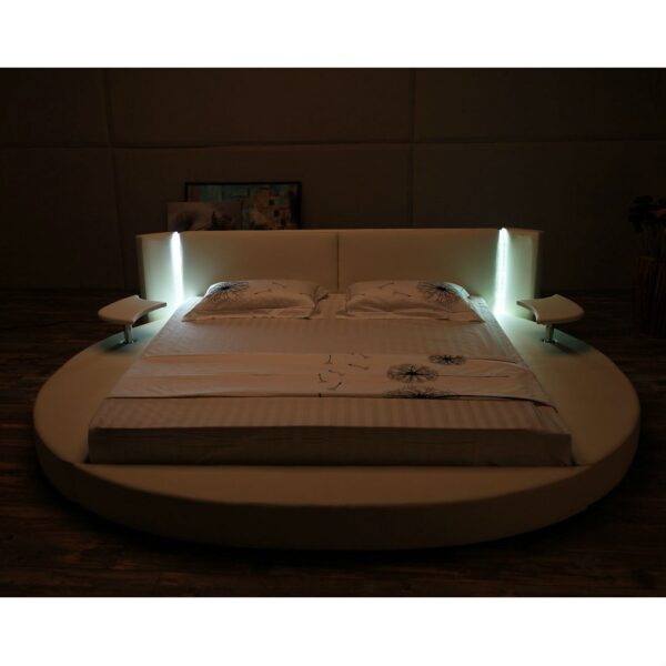 King size Round White Faux Leather Platform Bed with LED Headboard and Nightstands - Image 2