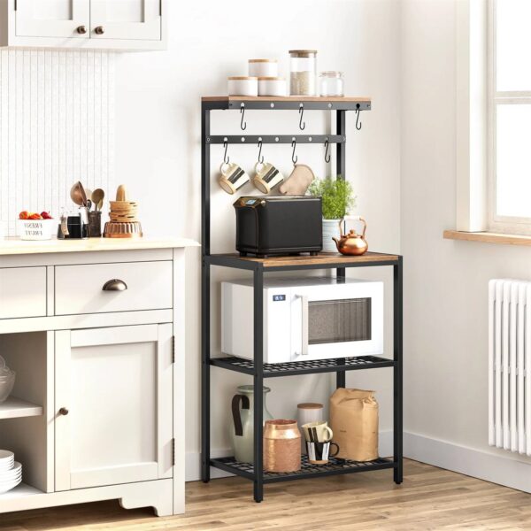 Modern Industrial Metal Wood Bakers Rack with Microwave Shelf - Image 2