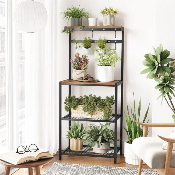 Modern Industrial Metal Wood Bakers Rack with Microwave Shelf - Image 5