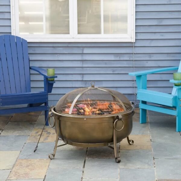 Large Wood Burning Fire Pit Cauldron Style Steel Bowl w/ BBQ Grill, Log Poker, and Mesh Screen Lid - Image 2