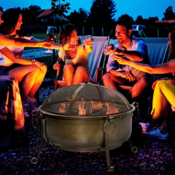 Large Wood Burning Fire Pit Cauldron Style Steel Bowl w/ BBQ Grill, Log Poker, and Mesh Screen Lid - Image 3