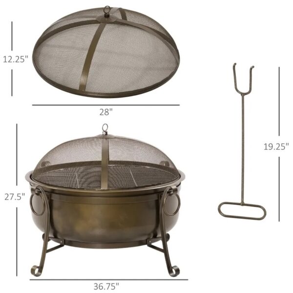 Large Wood Burning Fire Pit Cauldron Style Steel Bowl w/ BBQ Grill, Log Poker, and Mesh Screen Lid - Image 4