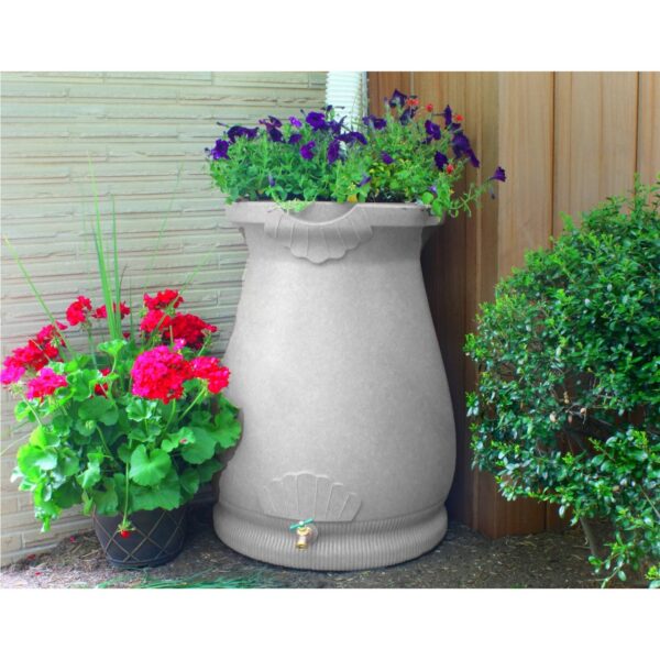 Light Grey Granite 65 Gallon Plastic Urn Rain Barrel with Planter Top - Image 2