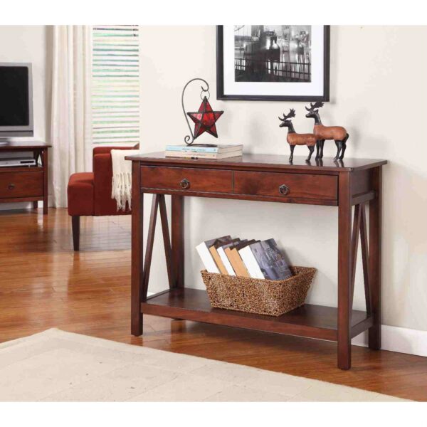 2-Drawer Console Sofa Table Living Room Storage Shelf in Tobacco Brown - Image 3
