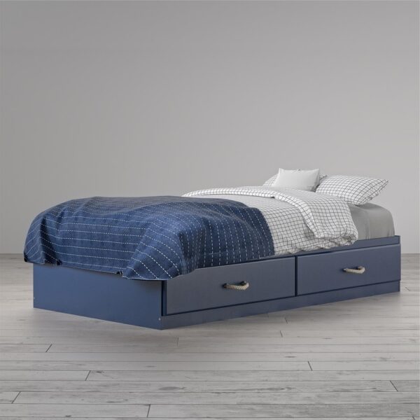 Twin Size Blue Platform Bed with 2 Storage Drawers Rope Handles - Image 3
