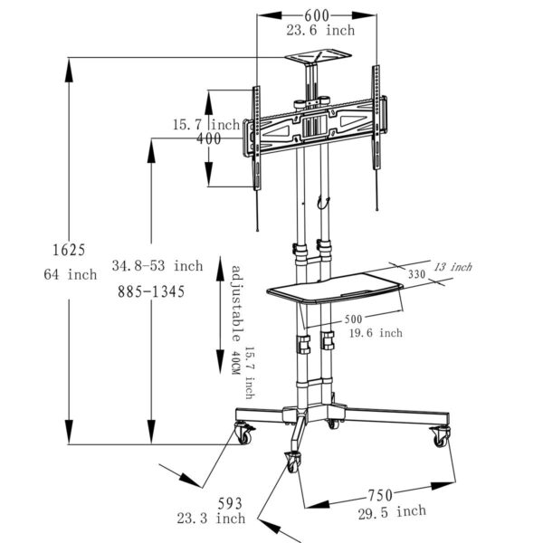 Adjustable Height Mobile TV Cart TV Stand for up to 65-inch TV - Image 3