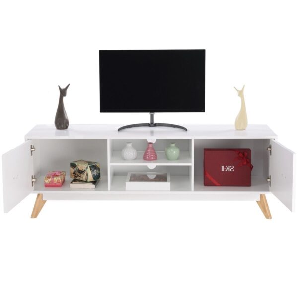 Modern Mid Century Style White TV Stand with Wood Legs - Image 2