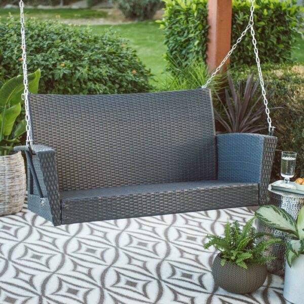 Dark Brown 2-Person Resin Wicker Porch Swing with Khaki Cushion - Image 5