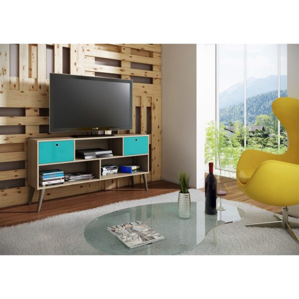 Modern Mid-Century TV Stand Entertainment Center in Oak Aqua Grey Wood Finish - Image 2