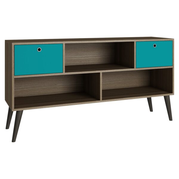 Modern Mid-Century TV Stand Entertainment Center in Oak Aqua Grey Wood Finish - Image 3