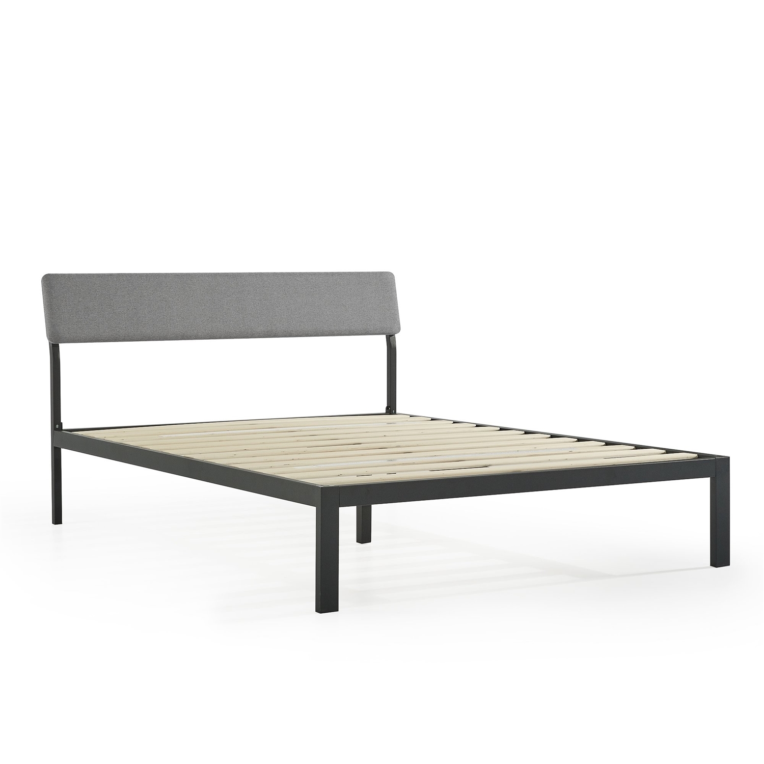 Full Size Grey Soft Fabric Metal Headboard Platform Bed Wooden Slats - Image 2