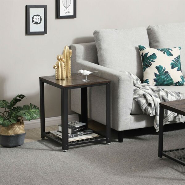 Modern Industrial Metal Wood Nightstand Side Table with Mesh Shelf - Image 3