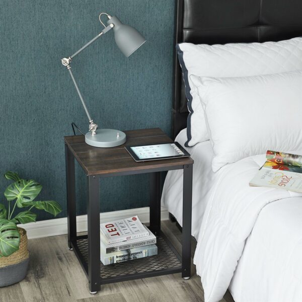 Modern Industrial Metal Wood Nightstand Side Table with Mesh Shelf - Image 4