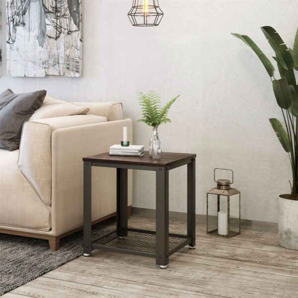 Modern Industrial Metal Wood Nightstand Side Table with Mesh Shelf - Image 5