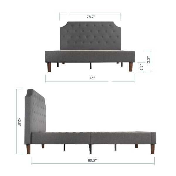 King size Upholstered Platform Bed with Grey Fabric Tufted Linen Headboard - Image 3