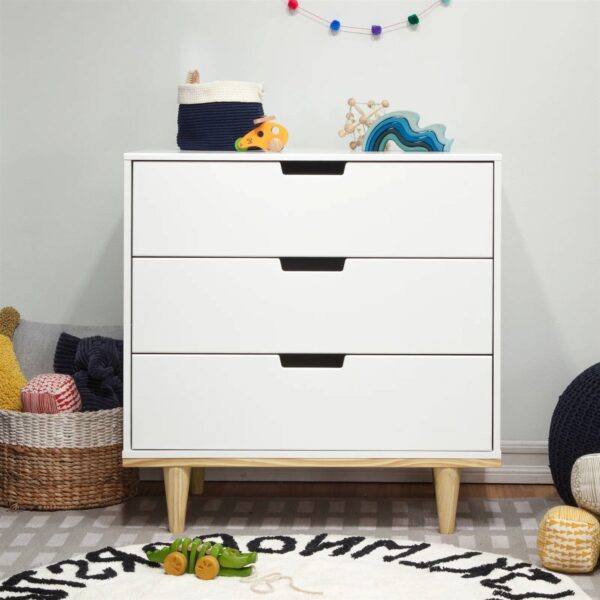Modern Mid-Century Style 3-Drawer Dresser Chest in White Natural Wood Finish - Image 2