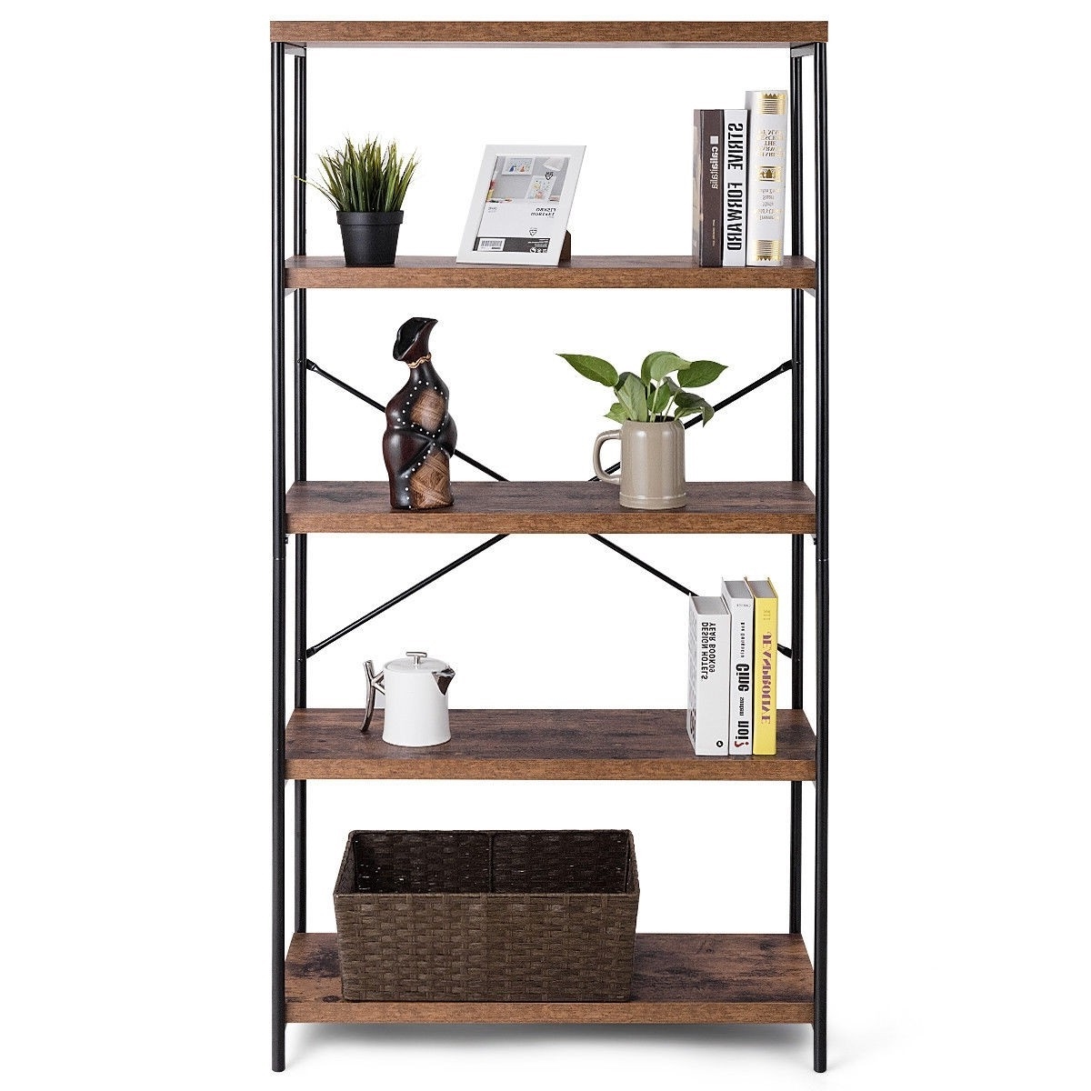 Industrial Metal Wood 5-Tier Bookcase Storage Rack Book Shelf - Image 2
