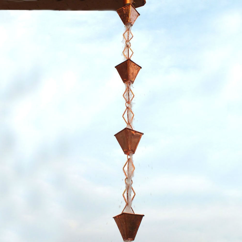 Pure Copper 8.5 Ft Rain Chain with Pyramid Square Cups and Diamond Link Chain - Image 3