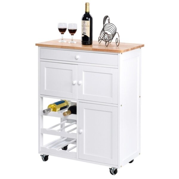 Mobile Kitchen Island Cart Cabinet with Wine Rack in White