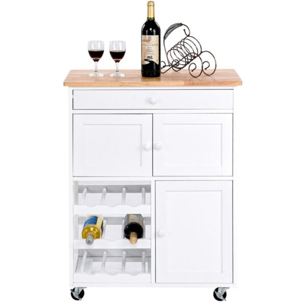 Mobile Kitchen Island Cart Cabinet with Wine Rack in White - Image 2