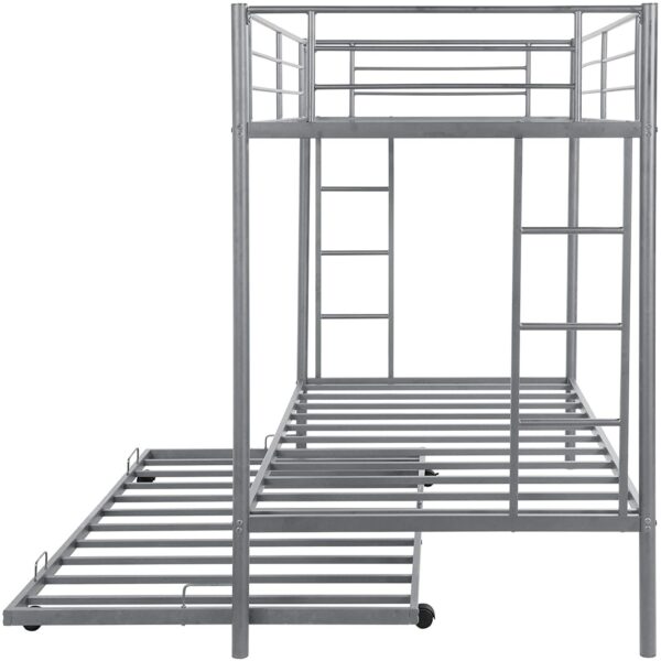 Twin size Silver Metal Bunk Bed with Roll-Out Trundle Bed Frame - Image 2