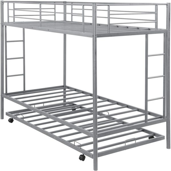 Twin size Silver Metal Bunk Bed with Roll-Out Trundle Bed Frame - Image 3