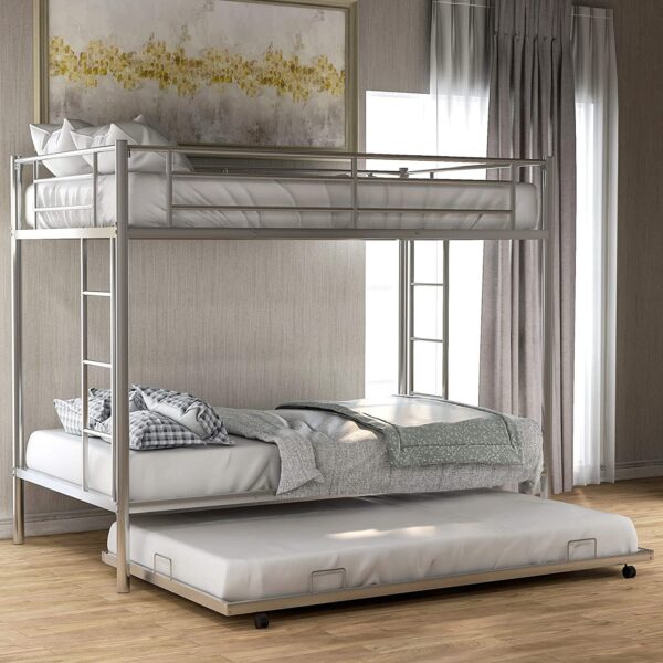 Twin size Silver Metal Bunk Bed with Roll-Out Trundle Bed Frame - Image 4