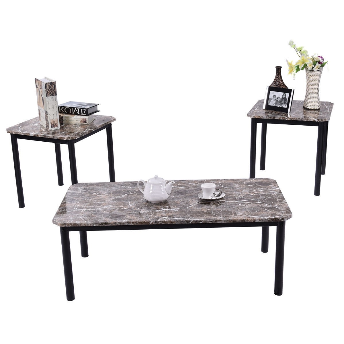 3-Piece Coffee Table and End Table Set with Faux Marble Top - Image 2